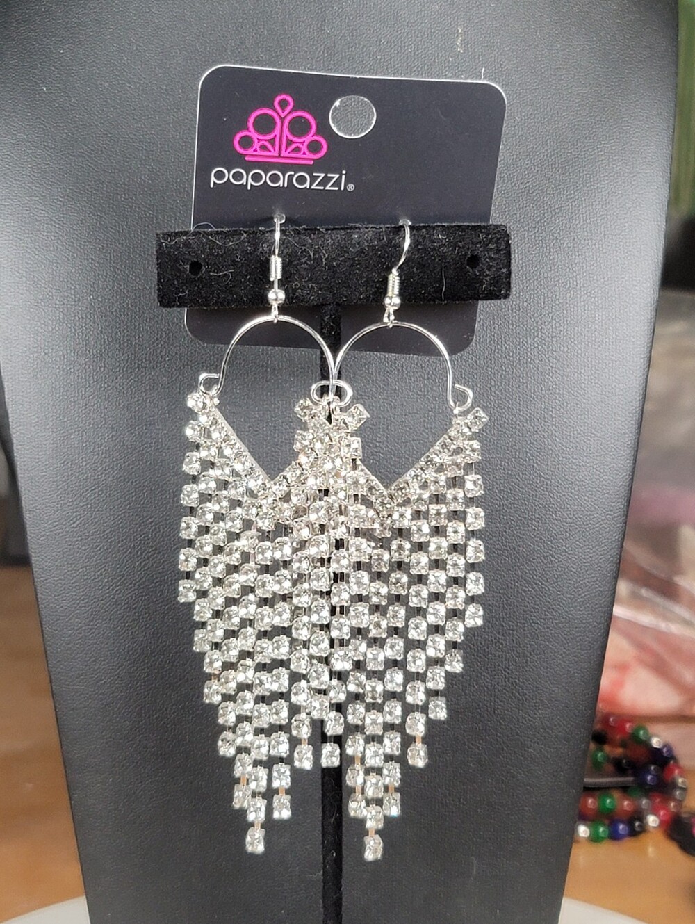 paparazzi Silver Rhinestone Fringe Chandelier Earrings